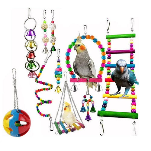 10pcs Parrot Toys Set Swing Ladder Chew Bell Toys for Cockatiels Budgies Cages